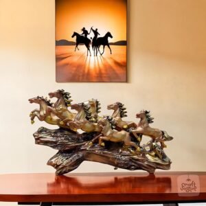 7 Running Horses Statue, Glossy White Horses on Wave Base, 45 cm | Elegant Home Decor Accent for Living Room, Office, Hall, & Shelf (Brown)