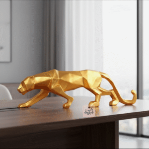 Abstract Gold Panther Resin Figurine (19”) – Geometric Wildlife Decor