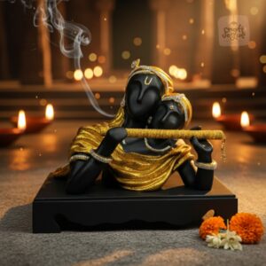 Radha Krishna Idol with Flute | Black and Gold Finish Decorative Statue