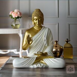 White & Golden Gautam Buddha Idol – Large Fiberglass Meditation Statue for Home, Office, Garden & Vastu Decor (White Golden)