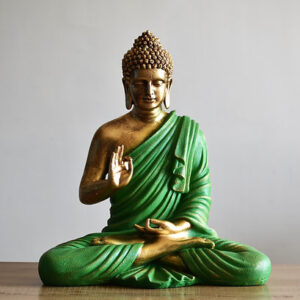 2 Ft Buddha Idol – Large Fiberglass Meditation Statue (Green and Gold Finish)