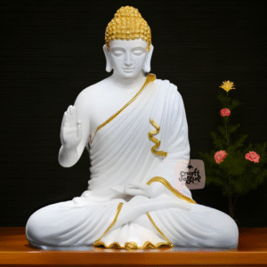 Buddha Statue – 2 Feet | White with Gold Border