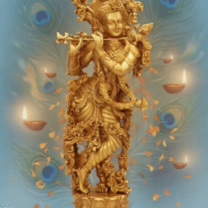 Golden Lord Krishna Statue with Flute, Decorative Idol on Lotus Base, Gold Finish, Religious Home Decor