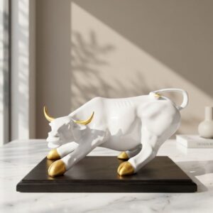 Bull Statue for Home & Office Decor, White & Gold Resin Bull Figurine with Wooden Base