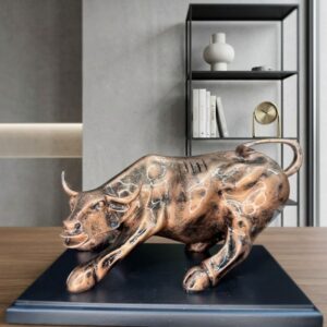 Charging Bull Sculpture, Copper and Black Finish, Resin Figurine, Office Desk Decor